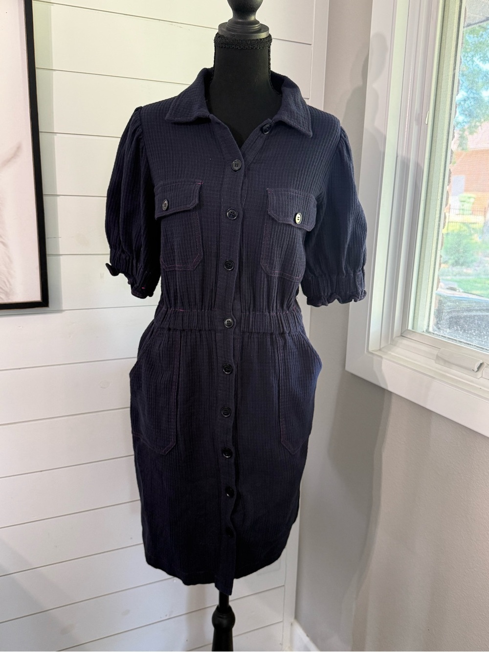 FRNCH Revolve Gabriella Navy Cotton Gauze Midi Dress Anthropology Sz Med